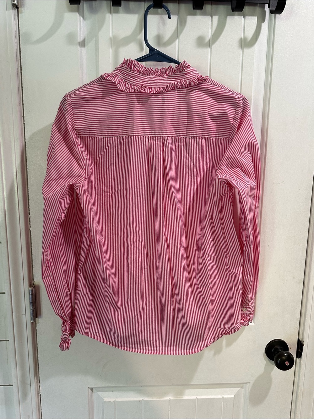 J.Crew Women’s Small Pink White Striped Ruffle Button Down Shirt Cottagecore - Picture 5 of 5